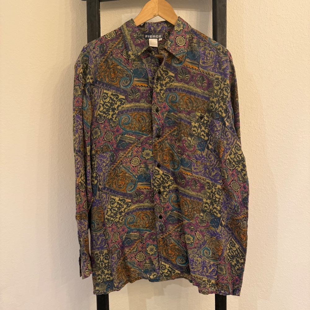 Fierce Vintage 90s 100% silk Abstract Print Button Up Shirt Size L Long Sleeve - Picture 2 of 6